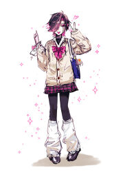 1boy \||/ ahoge alternate_costume android bag black_hair black_pantyhose black_shoes black_skirt black_undershirt blue_bag bow bowtie brown_cardigan buttons cardigan cellphone character_charm charm_(object) collared_shirt commentary_request eyeshadow flip_phone flipped_hair full_body hair_over_one_eye highres holding holding_phone leg_warmers long_sleeves looking_at_viewer maika_(maikaoekaki) makeup male_focus mettaton mettaton_(box) mettaton_ex miniskirt multicolored_hair napstablook one_eye_covered open_mouth pantyhose phone pigeon-toed pink_bow pink_bowtie pink_eyes pink_eyeshadow pink_hair plaid_bow plaid_bowtie plaid_clothes plaid_skirt puffy_long_sleeves puffy_sleeves shadow shirt shoes short_hair shoulder_bag simple_background skirt sleeves_past_wrists solo sparkle standing straight-on teeth tongue tongue_out two-tone_hair undertale upper_teeth_only v v-shaped_eyebrows white_background white_leg_warmers white_shirt