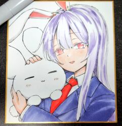 Rule 34 | 1girl, :d, animal, animal ears, animal hug, art tools in frame, blazer, blue jacket, commentary request, inaba mob (touhou), jacket, long hair, long sleeves, looking at viewer, marker (medium), necktie, open mouth, purple eyes, rabbit, rabbit ears, rabbit girl, red eyes, red necktie, reisen udongein inaba, shikishi, shirt, smile, solo, touhou, traditional media, upper body, usaka ray, white shirt