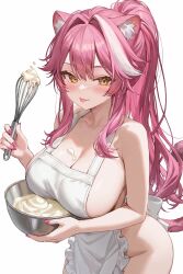 1girl :p ai-assisted animal_ear_fluff animal_ears apron blush bowl breasts cat_ears cat_tail cleavage cream_on_breasts foame hair_intakes high_ponytail highres holding holding_bowl holding_whisk hololive hololive_english large_breasts long_hair multicolored_hair naked_apron pink_hair ponytail raora_panthera simple_background solo streaked_hair tail tongue tongue_out very_long_hair virtual_youtuber whisk white_background yellow_eyes