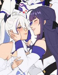 Rule 34 | 2girls, artist name, blue eyes, closed eyes, commentary, corrupted twitter file, dress, english commentary, hands on another&#039;s face, heart, highres, honkai (series), honkai impact 3rd, kiana kaslana, kiana kaslana (apho), kiana kaslana (herrscher of finality), long hair, multiple girls, purple hair, purple pupils, raiden mei, raiden mei (apho), smile, soupowuahq, white dress, white hair
