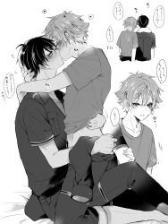 2boys ace_trappola adam&#039;s_apple arms_around_neck arms_around_waist belt blush boots clothes_lift collarbone collared_shirt commentary_request crew_neck cropped_legs deuce_spade greyscale hand_on_another&#039;s_neck heart highres kiss kneeling looking_at_another male_focus midriff mofu_twst monochrome multiple_boys multiple_views pants parted_bangs parted_lips shirt shirt_lift short_hair short_sleeves simple_background sitting speech_bubble spoken_heart t-shirt thought_bubble towel towel_around_neck translation_request twisted_wonderland white_background yaoi