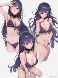 1girl absurdres alternate_costume artist_name bare_shoulders bikini black_ribbon blush breasts cleavage closed_eyes collarbone commentary_request earrings front-tie_bikini_top front-tie_top hand_up highres honkai_(series) honkai_impact_3rd jewelry large_breasts long_hair looking_at_viewer multiple_views navel neck_ribbon one_eye_closed open_mouth purple_bikini purple_eyes purple_hair raiden_mei raiden_mei_(apho) ribbon side-tie_bikini_bottom sooon stomach swimsuit very_long_hair white_background