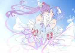 2girls arm_ribbon assault_lily back_bow bare_shoulders benini blue_hair blue_sky bow breasts bride cloud collar commentary_request day dress dress_bow dress_flower elbow_gloves face-to-face feet_out_of_frame floating_hair flower frilled_gloves frills from_side gloves hair_between_eyes hair_flower hair_ornament hair_ribbon hands_on_another&#039;s_cheeks hands_on_another&#039;s_face hands_up long_hair makino_mitake matsumura_fuuka medium_breasts medium_hair multiple_girls neck_flower official_alternate_costume official_alternate_hairstyle outdoors parted_bangs ponytail purple_bow purple_hair purple_ribbon red_eyes red_flower red_rose ribbon rose sky standing strapless strapless_dress tiara twintails very_long_hair wedding_dress white_bow white_collar white_flower white_gloves white_ribbon white_rose yellow_eyes yuri