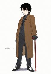 aam09212 brown_coat brown_hair cane coat full_body glasses highres holding holding_cane kamen_rider kamen_rider_gavv_(series) long_sleeves male_focus open_clothes open_coat open_mouth shoes short_hair simple_background smile solo suga_kenzo vest