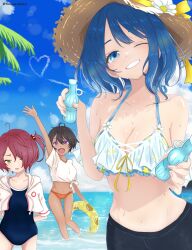 3girls absurdres beach bikini bikini_under_clothes blue_bikini blue_eyes blue_hair blue_one-piece_swimsuit blue_sky breasts brown_hat cleavage cloud competition_school_swimsuit contrail day grin hat heart highres horizon komari_chika make_heroine_ga_oo_sugiru! medium_breasts medium_hair multiple_girls ocean one-piece_swimsuit orange_bikini outdoors ruffle_bikini school_swimsuit sky smile straw_hat sun_hat swimsuit tupet twitter_username yakishio_lemon yanami_anna yuruku_ikiru_ojisan