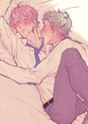 2boys ace_of_diamond blush kuramochi_youichi lying male_focus multiple_boys necktie sawamura_eijun school_uniform sweat tongue tongue_out yaoi