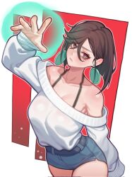 Rule 34 | 1girl, alternate costume, ayase momo, bagjunba (qkrgk198), bare shoulders, belt, blue skirt, breasts, brown eyes, brown hair, closed mouth, collarbone, commentary, cowboy shot, dandadan, denim, denim skirt, earrings, floating earrings, hair behind ear, hair between eyes, halterneck, hand up, highres, jewelry, large breasts, long sleeves, looking at viewer, miniskirt, off-shoulder sweater, off shoulder, open hand, short hair, skirt, sleeves past wrists, solo, sweater, white sweater