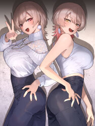 2girls absurdres adapted_costume alternate_hairstyle ass black_pants breasts brown_hair commentary_request crop_top earrings fang furen_e_lustario furen_e_lustario_(4th_costume) gold_ring hand_on_own_hip high-waist_pants highres jewelry large_breasts long_sleeves looking_at_viewer midriff multiple_girls multiple_rings necklace nijisanji nui_sociere nui_sociere_(7th_costume) official_alternate_costume open_mouth pants pom_pom_(clothes) pom_pom_earrings red_eyes ring shadow short_hair skin_fang smile spotlight sweater turtleneck turtleneck_sweater ubo_(ubo_tales) v virtual_youtuber white_sweater wolf_cut yellow_eyes