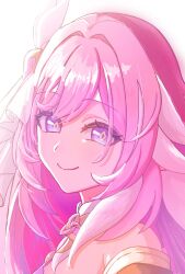 Rule 34 | 1girl, commentary request, diamond-shaped pupils, diamond (shape), elysia (herrscher of human: ego) (honkai impact), elysia (honkai impact), highres, honkai (series), honkai impact 3rd, long hair, looking at viewer, pink hair, portrait, purple eyes, revision, simple background, smile, solo, symbol-shaped pupils, triquetra, veil, very long hair, vlh3tu, white background, white veil