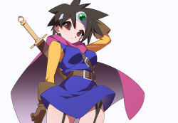 Rule 34 | 1girl, black hair, blue dress, breasts, brown gloves, cape, cowboy shot, dragon quest, dragon quest iii, dress, garter straps, gloves, heroine (dq3), kaidou zx, medium breasts, purple cape, roto (dq3), shirt, short hair, simple background, solo, sword, tiara, weapon, weapon on back, white background, yellow shirt