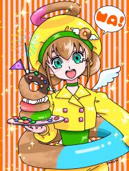 Rule 34 | 1girl, blue eyes, brown hair, choker, detached wings, donut, fireworks, flag, food, fujishima moyu, green choker, hair between eyes, hat, highres, holding, holding plate, innertube, jacket, open mouth, original, plate, skirt, sparkle, sparkler, speech bubble, striped background, swim ring, white wings, wings, yellow hat, yellow jacket, yellow skirt