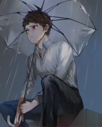 1boy ahoge alternate_costume belt black_belt black_pants box brown_hair carton collared_shirt danganronpa_(series) danganronpa_2:_goodbye_despair dress_shirt feet_out_of_frame from_below green_eyes heterochromia highres hinata_hajime holding holding_umbrella long_sleeves male_focus on_box outdoors pants rain red_eyes shirt short_hair sitting solo suzumetarou umbrella white_shirt