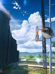 absurdres artist_name banishment blue_sky cloud cloudy_sky commentary_request day highres lamppost no_humans original outdoors road_sign scenery sign signature sky traffic_mirror