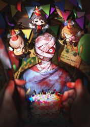 Rule 34 | 1girl, 3boys, angel, anya (mouthwashing), bandage over one eye, bandages, birthday party, black eyes, black hair, blood, bloody bandages, blue eyes, curly (mouthwashing), curly (post-crash) (mouthwashing), daisuke (mouthwashing), glitch, halo, hat, highres, holding, holding knife, hospital gown, instrument, knife, looking at viewer, mouthwashing, multiple boys, no lips, open mouth, paki2000, party hat, pov, pov hands, skinned, smile, spoilers, string of flags, swansea (mouthwashing), teeth, trumpet, white wings, wings