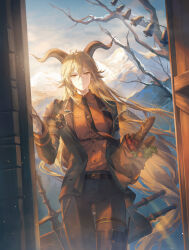 Rule 34 | 1girl, ahoge, animal ears, arknights, bag, black gloves, black jacket, black necktie, black pants, blonde hair, collared shirt, cowboy shot, crossed bangs, degenbrecher (arknights), gloves, goat ears, goat horns, hair between eyes, helen zzhao, highres, holding, horns, jacket, lapels, long hair, long sleeves, looking at viewer, mountainous horizon, necktie, notched lapels, open clothes, open jacket, orange shirt, pants, paper bag, parted lips, shirt, solo, sword, weapon, wing collar, yellow eyes