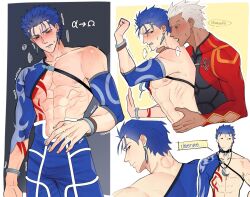 2boys ? archer_(fate) arm_tattoo bite_mark blue_hair blush bracelet ccinnamonka chest_tattoo crescent crescent_necklace cu_chulainn_(fate) cu_chulainn_(fate/stay_night) dark-skinned_male dark_skin detached_sleeves earrings fate/grand_order fate_(series) hair_slicked_back highres jewelry male_focus multiple_boys multiple_views muscular muscular_male navel necklace nipples omegaverse red_eyes shirt short_hair shrug_(clothing) speech_bubble spoken_question_mark sweatdrop tattoo thai_text thought_bubble translation_request trembling white_hair yaoi