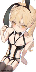 Rule 34 | 1boy, aether (genshin impact), animal ears, artist name, black thighhighs, blonde hair, bow, bowtie, crossdressing, crossdressing (mtf), fake animal ears, from above, garter straps, genshin impact, highres, leotard, long hair, looking at viewer, male playboy bunny, navel, nipples, playboy bunny, sg (under siiiiii), sitting, solo, thighhighs, trap, white background, yellow eyes