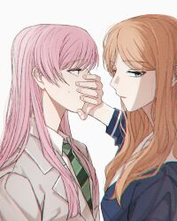 2girls absurdres bang_dream! bang_dream!_it&#039;s_mygo!!!!! blue_eyes blue_shirt brown_hair chihaya_anon chromatic_aberration closed_mouth collared_shirt commentary covering_another&#039;s_mouth green_necktie grey_jacket hand_on_another&#039;s_face haneoka_school_uniform highres jacket kimboogakk77 long_hair long_sleeves looking_at_another looking_at_viewer multiple_girls nagasaki_soyo necktie pink_hair school_uniform shirt simple_background sweatdrop tsukinomori_school_uniform upper_body white_background white_shirt yuri