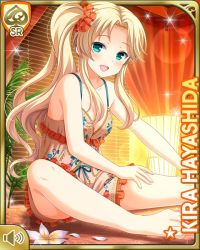 1girl :d bare_arms bare_legs bare_shoulders barefoot blonde_hair card_(medium) day female_focus girlfriend_(kari) green_eyes hayashida_kira indoors long_hair midriff navel official_art one_side_up open_mouth qp:flapper ribbon scrunchie shirt shorts sitting smile solo spa tagme yellow_shirt yellow_shorts
