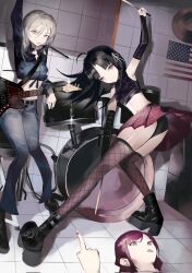 3girls absurdres american_flag awa_subaru belt black_boots black_choker black_hair black_panties black_shirt black_thighhighs blue_eyes boots choker commentary crop_top denim detached_sleeves drum drum_set drumsticks electric_guitar fishnet_thighhighs fishnets girls_band_cry grey_eyes grey_hair grey_pants guitar hair_ribbon hashtag-only_commentary highres holding holding_drumsticks indoors instrument iseri_nina jeans kawaragi_momoka long_hair looking_at_viewer middle_finger midriff mikkan multiple_girls navel open_mouth panties pants pantyshot parted_lips plaid_clothes plaid_skirt platform_boots pleated_skirt purple_eyes purple_skirt red_hair ribbon shirt short_twintails skirt smile thighhighs twintails underwear upskirt white_ribbon