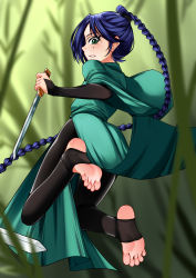 1girl absurdres barefoot blue_hair braid dark_blue_hair feet green_eyes highres long_hair looking_at_viewer parted_lips scissor_seven short_sword soles stirrup_legwear sword thirteen_(scissor_seven) toeless_legwear toes weapon