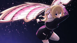 1girl :3 arimura_hinae blonde_hair blue_eyes chaos;child closed_mouth cropped_jacket d-sword dress_vest floating hekiho_academy hekiho_academy_school_uniform holding holding_sword holding_weapon hood huge_weapon long_hair miniskirt ribbon school_uniform skirt solo sword taba_neruko thighhighs twintails v-shaped_eyebrows weapon white_hood white_thighhighs