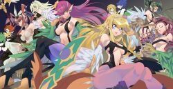 Rule 34 | 6+girls, bare shoulders, bikini, black bikini, blonde hair, blue hair, breasts, brown hair, dark magician girl, duel monster, feathered wings, green eyes, green hair, group picture, harpie&#039;s pet dragon, harpie channeler, harpie dancer, harpie girl (yu-gi-oh!), harpie harpist, harpie lady, harpie lady 1, harpie lady 2, harpie lady 3, harpie queen, high ponytail, highres, large breasts, leotard, long hair, medium breasts, misaka (missa), multiple girls, pantyhose, pointy ears, ponytail, purple hair, purple pantyhose, revealing clothes, swimsuit, thighhighs, unfinished, white leotard, white thighhighs, winged arms, wings, yu-gi-oh!