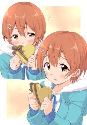 1girl blue_jacket blush border box covering_own_mouth flying_sweatdrops fur-trimmed_hood fur_trim gift gift_box hair_ornament hairclip heart-shaped_box highres holding holding_gift hood hooded_jacket hoshizora_rin jacket long_sleeves looking_at_viewer love_live! love_live!_school_idol_project multiple_views open_clothes open_jacket orange_hair outside_border sen_(sen0910) short_hair valentine white_border yellow_background yellow_eyes