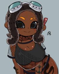 Rule 34 | 1girl, anchor tattoo, arm tattoo, black hair, black panties, black shirt, black sports bra, breasts, cleavage, collarbone, dark skin, ear piercing, eyewear on head, fishnet top, fishnets, goggles, goggles on head, grey background, grey eyes, heart, heart tattoo, large breasts, leaning forward, leg tattoo, long hair, looking at viewer, miyazero, navel, nintendo, octoling, octoling girl, octoling player character, octopus girl, panties, piercing, pointy ears, shirt, short sleeves, smile, snake tattoo, splatoon (series), sports bra, standing, tattoo, tentacle hair, underwear, wide hips