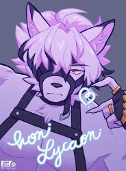 1boy absurdres animal_ears artist_logo artist_name black_gloves character_name chest_harness claws closed_mouth colored_tips commentary english_commentary eyepatch fingerless_gloves furry furry_male gloves harness heart highres logo looking_at_viewer male_focus multicolored_hair one_eye_covered pectorals purplepastrypup red_eyes topless_male upper_body von_lycaon wolf_boy wolf_ears zenless_zone_zero