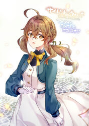 1girl absurdres bow bowtie brown_eyes brown_hair dress gloves hair_between_eyes highres long_hair looking_at_viewer monica_everett open_mouth ponytail shuri_yasuyuki silent_witch solo white_gloves