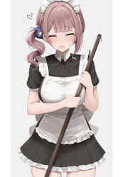 1girl absurdres alternate_costume apron asymmetrical_sidelocks back_bow bare_arms black_dress blunt_bangs blush border bow breasts brown_hair closed_eyes collared_dress commentary cowboy_shot dress embarrassed enmaided facing_viewer flying_sweatdrops frilled_apron frilled_dress frills grey_background hair_ornament hair_scrunchie highres holding holding_mop kunizaki large_bow large_breasts maid maid_apron maid_headdress mochizuki_honami mop open_mouth project_sekai ribbed_dress scrunchie short_dress short_sleeves side_ponytail sidelocks simple_background solo standing sweatdrop taut_clothes thigh_gap white_apron white_border white_bow white_headdress white_sleeve_cuffs