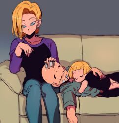 1boy 2girls android_18 blonde_hair blue_eyes couch couple dragon_ball family father_and_daughter husband_and_wife kuririn lap_pillow marron_(dragon_ball) mother_and_daughter multiple_girls sleeping tagme