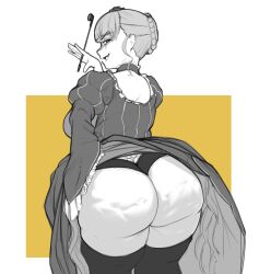 1girl ass beatrice_(umineko) blue_eyes cellulite clothes_lift dress dress_lift from_behind highres huge_ass looking_at_viewer looking_back massgrave_art open_mouth panties simple_background solo umineko_no_naku_koro_ni underwear