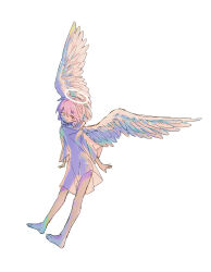 1boy absurdres angel angel_wings barefoot blue_eyes commentary_request feathered_wings full_body halo heterochromia highres long_sleeves male_focus open_mouth original pink_hair raito-kun_(uenomigi) red_eyes short_hair simple_background sketch smile solo uenomigi white_background wings