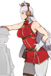 animal_ears belt blunt_bangs bow breasts buttons dr_octojuice gloves gold_ship_(umamusume) height_difference highres horse_ears horse_girl horse_tail large_breasts long_hair muscular muscular_female pantyhose pillbox_hat red_bow red_eyes tail tall_female umamusume white_gloves white_hair