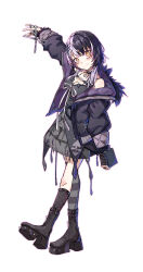 1girl absurdres black_arm_warmers black_boots black_choker black_coat black_dress black_hair black_thighhighs book boots breasts choker cleavage closed_mouth coat commentary dress full_body fur-trimmed_coat fur_trim grey_hair highres holding holding_book holding_scissors hololive hololive_english jewelry large_breasts long_hair looking_at_viewer multicolored_hair purple_coat ribbon ring scissors shiori_novella shiori_novella_(1st_costume) simple_background single_thighhigh smile solo split-color_hair standing striped_arm_warmers striped_clothes striped_thighhighs thighhighs tsuuburi two-sided_coat two-sided_fabric two-tone_hair virtual_youtuber white_background white_ribbon yellow_eyes