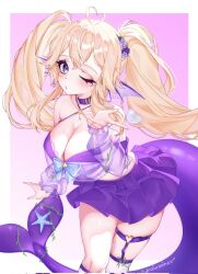 1girl ahoge artist_name asymmetrical_legwear belt_collar blonde_hair blondiesea blue_bow blush bow breasts cetacean_tail cleavage collar corrupted_twitter_file drowsenss fins fish_tail flower hair_flower hair_ornament head_fins heart heart_ahoge heart_in_eye heart_o-ring highres indie_virtual_youtuber large_breasts o-ring one_eye_closed pleated_skirt purple_collar purple_eyes purple_flower purple_skirt purple_tail see-through_clothes see-through_shirt shell shirt skirt solo starfish symbol_in_eye tail thighhighs twintails virtual_youtuber white_thighhighs