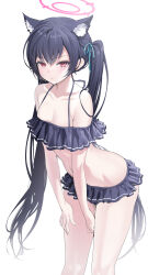 1girl absurdres animal_ear_fluff animal_ears bikini bikini_skirt black_bikini black_hair blue_archive blush breasts cat_ears cat_girl cleavage closed_mouth collarbone commentary_request extra_ears frilled_bikini frills hair_between_eyes halo highres laseri leaning_forward long_hair looking_at_viewer medium_breasts navel off-shoulder_bikini off_shoulder official_alternate_costume pink_halo red_eyes serika_(blue_archive) serika_(swimsuit)_(blue_archive) simple_background solo standing swimsuit thighs twintails v-shaped_eyebrows very_long_hair white_background