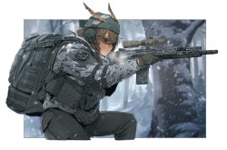 1girl aiming backpack bag battle_rifle beanie black_gloves black_pants braid brown_hair camouflage camouflage_jacket commentary commission cropped_legs ear_protection elbow_pads english_commentary forest gloves gun hat highres holding holding_gun holding_weapon inset_border jacket load_bearing_vest maxturbo69 nature original outside_border pants rail_(weapon) rifle safety_glasses scope side_braids snow snowing solo tree weapon weapon_request