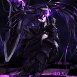Rule 34 | 1girl, absurdres, armor, belt, belt skirt, black rock shooter, chain, checkered floor, fire, flaming eye, gauntlets, greaves, highres, huge weapon, insane black rock shooter, long hair, loose belt, purple eyes, purple fire, solo, stitches, tokyo (1421), twintails, uneven twintails, weapon