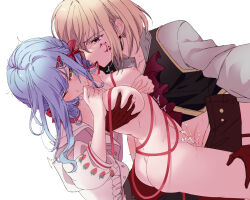 2girls ass aver_(yumenokessho) bang_dream! bang_dream!_it&#039;s_mygo!!!!! black_vest blonde_hair blue_hair blush bow breasts commentary cum doloris_(bang_dream!) facial_mark futa_with_female futanari groping hair_bow large_breasts long_hair misumi_uika multiple_girls nipples one_eye_closed red_bow rhapsode sex short_hair sidelocks simple_background sweets_paradise symbol-only_commentary togawa_sakiko vest white_background yellow_eyes yumenokessho