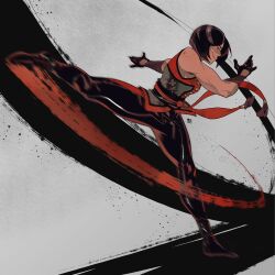 1girl attack bob_cut brown_hair commentary commission dc_comics english_commentary floating_clothes full_body gloves highres lady_shiva leather leather_pants leg_up looking_at_viewer pants sash sleeveless smile solo steelscarlet
