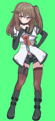 1girl absurdres black_boots black_gloves boots breasts brown_eyes brown_hair brown_thighhighs elbow_gloves girls&#039;_frontline girls&#039;_frontline_2:_exilium gloves green_background grey_shorts highres k2_(girls&#039;_frontline) large_breasts panatisia shirt short_shorts shorts side_ponytail simple_background solo thighhighs thighs white_shirt yoohee_(girls&#039;_frontline_2)