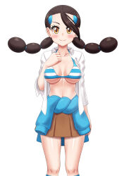 1girl bikini bikini_top_only black_hair blue_sweater blush breasts brown_skirt candice_(pokemon) closed_mouth clothes_around_waist collarbone collared_shirt commentary_request els_(ljhlee12) eyelashes hand_up highres kneehighs knees korean_commentary long_hair medium_breasts multi-tied_hair navel nintendo open_clothes open_shirt pleated_skirt pokemon pokemon_dppt shiny_skin shirt simple_background skirt smile socks solo sweater sweater_around_waist swimsuit twintails white_background white_shirt