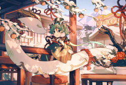 1girl against_railing chinese_zodiac commentary dragon dragon_horns eastern_dragon eating flower food fruit green_hair hat holding holding_food horns long_sleeves mochi oito_(bowstringsmall) original railing red_flower rope sakura_mochi shimenawa short_hair solo wagashi white_flower year_of_the_dragon