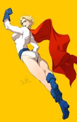 1girl animification ass back blonde_hair blue_boots boots breasts dc_comics female_focus gloves grin highres kryptonian nalubwin power_girl smile solo superman_(series)
