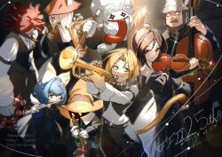 1other 3girls 4boys adelbert_steiner anniversary armor blonde_hair brown_eyes brown_hair cello dated eiko_carol final_fantasy final_fantasy_ix flute freya_crescent furry furry_female garnet_til_alexandros_xvii happy harp holding holding_instrument horns instrument kogome_(azalea4) multiple_boys multiple_girls music playing_instrument quina_quen red_hair single_horn smile tail tongue trumpet violin vivi_ornitier zidane_tribal