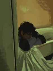 1boy black_hair crossed_arms facial_hair facial_scar hair_between_eyes highres in_bathtub indoors male_focus messy_hair metal_gear_(series) metal_gear_solid osionevo scar scar_on_cheek scar_on_face short_hair shower_curtain sideburns sketch solid_snake solo