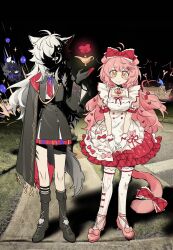 2girls animal_ears arknights black_cloak black_footwear black_sky boots bow cat_ears cat_girl cat_tail cloak dress eyes_in_shadow face_in_shadow full_body glaring gloves goldenglow_(arknights) grey_hair grey_tail highres kaleka lamp lappland_(arknights) lappland_the_decadenza_(arknights) long_hair long_sleeves looking_at_viewer material_growth meme multiple_girls night oripathy_lesion_(arknights) outdoors photo_background pink_hair pink_shoes puffy_short_sleeves puffy_sleeves scar scar_across_eye scar_on_face shade shaded_face shadow shoes short_hair short_sleeves side-by-side sidewalk skirt sky smile standing tail texas_(arknights) texas_the_omertosa_(arknights) texas_the_omertosa_(il_segreto_della_notte)_(arknights) white_dress why_dis_ninja_look_so_mad_(meme) wolf_ears wolf_girl wolf_tail yellow_eyes
